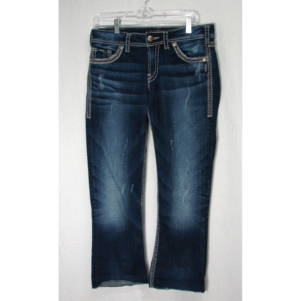 Silver Suki Jeans Blue Denin Boot Crop Mid Rise Medium Wash Raw Hem Womens 32x25